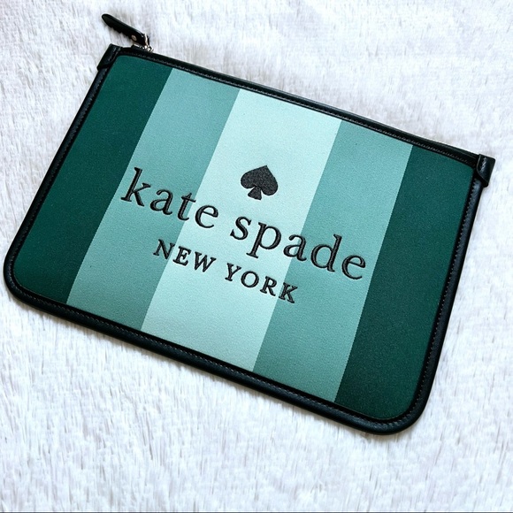 kate spade Handbags - Kate Spade Ella print embroidery logo green stripe large zipper pouch / clutch